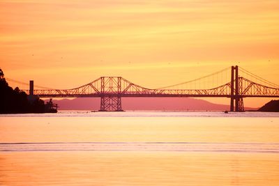 Suspension bridge over sea during sunset