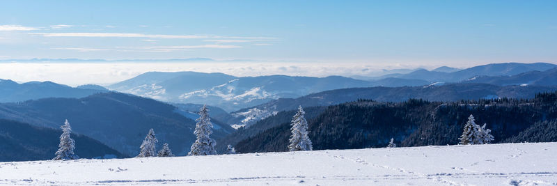 Scenic view of snowcapped mountains against sky