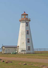 Working north point lighthouse on a lonely point at north cape on prince edward island in canada