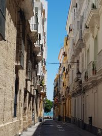 Narrow street amidst buildings against sky in city