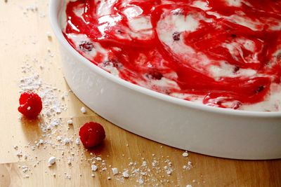 Close-up of strawberry cake on table