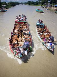 High angle view of boats in sea