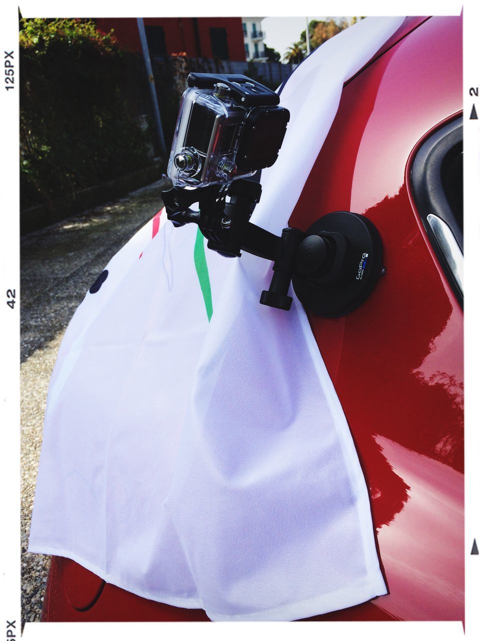 transfer print, auto post production filter, red, protection, day, car, hanging, patriotism, outdoors, close-up, flag, land vehicle, american flag, white color, panoramic, sunlight, no people, transportation, street, national flag