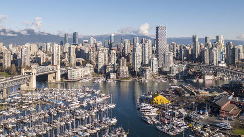 Aerial view of river amidst buildings against sky