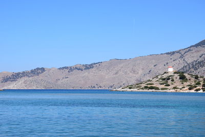 Scenic view of sea against clear blue sky