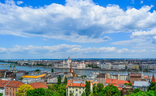 High angle view of buildings against cloudy sky