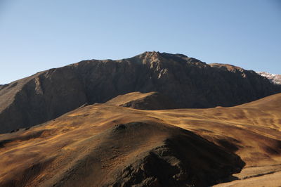 Scenic view of mountains against clear blue sky