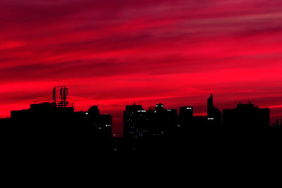 Silhouette of city at sunset