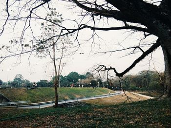 Road by bare trees on field against sky