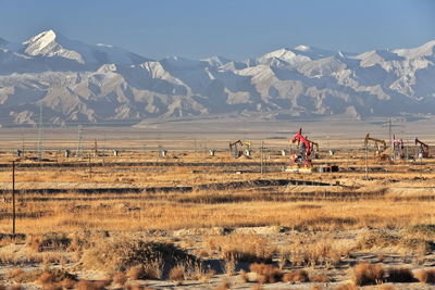 People on field by mountains against sky