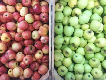 Directly above shot of apples in crates at market