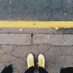 Low section of man standing on road