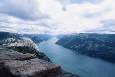 Scenic view of mountains against sky in lysefjorden, norway
