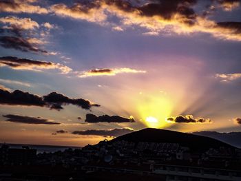 Aerial view of city at sunset