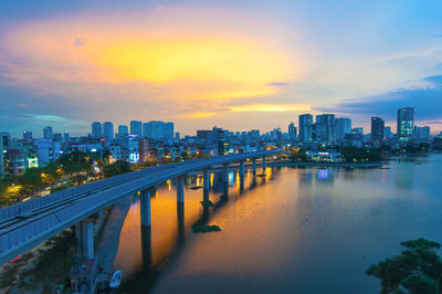 Illuminated buildings by river against sky during sunset