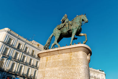 Low angle view of statue against clear blue sky