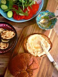 High angle view of breakfast served on table