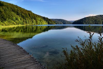 Scenic view of lake in forest against sky