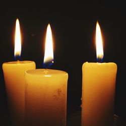 Close-up of illuminated candle against black background