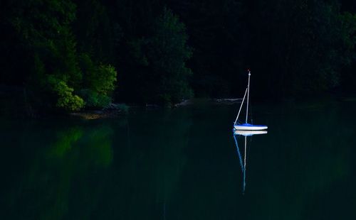 Boat in lake against trees in forest