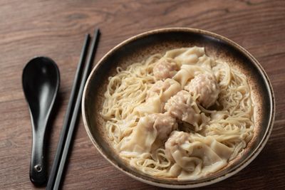 High angle view of noodles in bowl on table