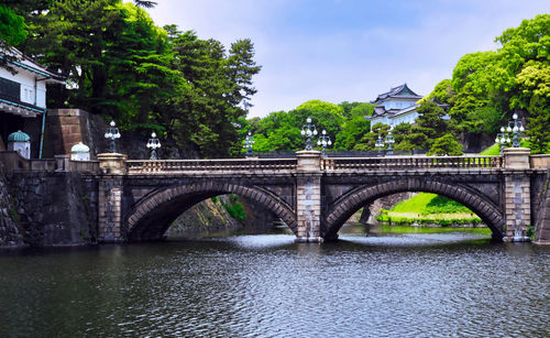 Bridge over river in city against sky