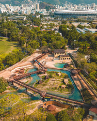 High angle view of buildings in city