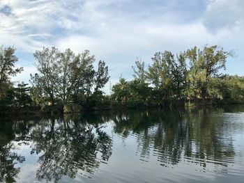 Reflection of trees in lake against sky