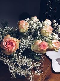 High angle view of flowers in vase on table