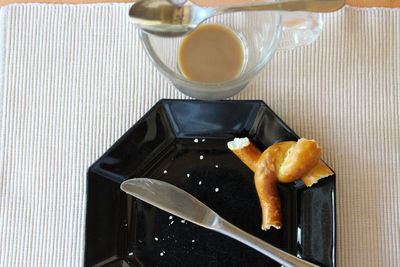 High angle view of breakfast on table