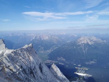 Aerial view of snowcapped mountains against sky