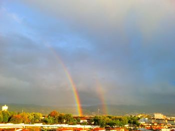 Rainbow over trees against cloudy sky