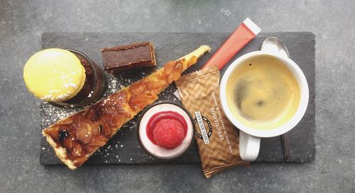 High angle view of breakfast on table