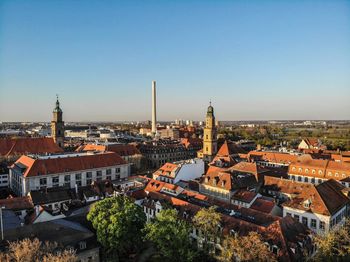 High angle view of townscape against clear sky