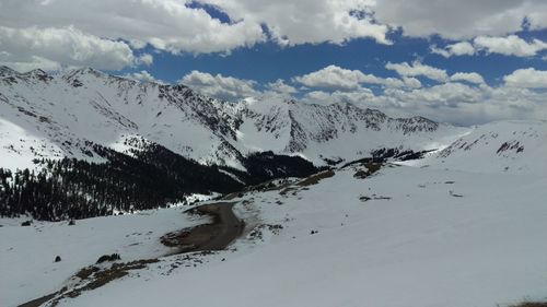 Scenic view of mountains against cloudy sky