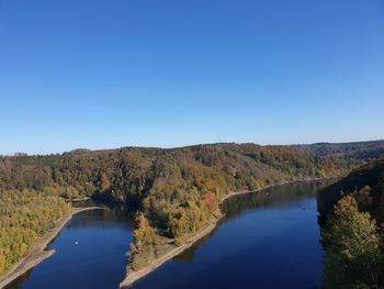 Scenic view of lake against clear blue sky