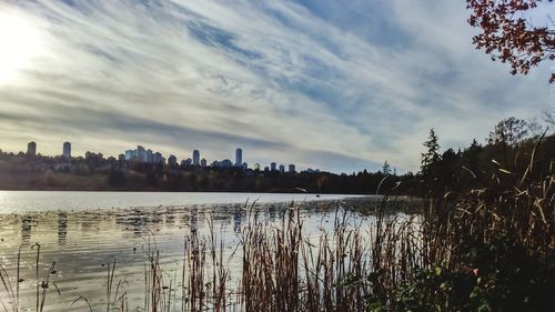 Scenic view of lake by trees against sky