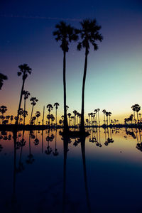 Silhouette palm trees by lake against sky during sunset