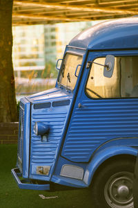 Close-up of blue car parked outdoors