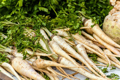 Close-up image of parsley on sale at farmer's market. raw food, root vegetable.