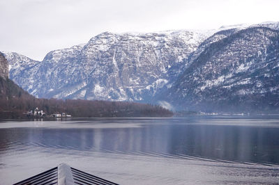 Scenic view of lake and snowcapped mountains against sky