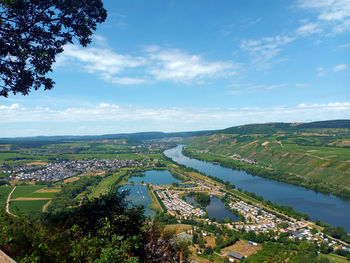 High angle view of cityscape against sky with river and lake in mosel region of rhineland-palatinate