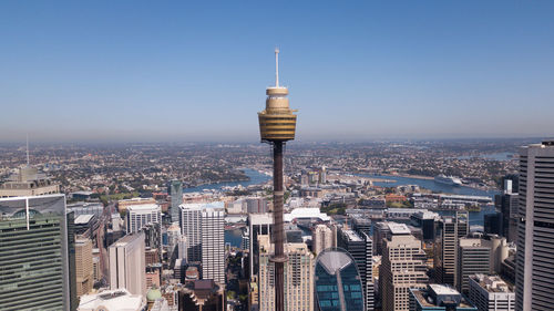 Modern buildings in city against clear sky