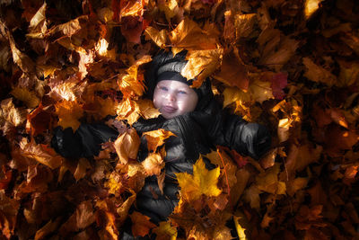 Portrait of cute boy leaves during autumn