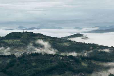 High angle view of land against sky