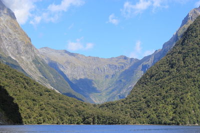 Scenic view of lake by mountains against sky