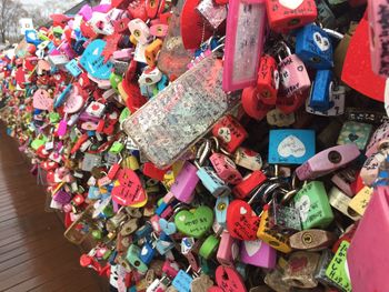 High angle view of padlocks