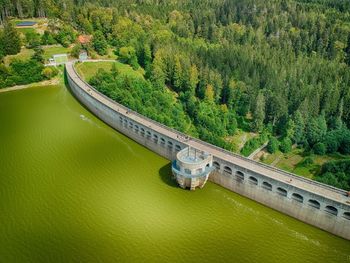 An aerial view on the schwarzenbach dam in black forest, germany