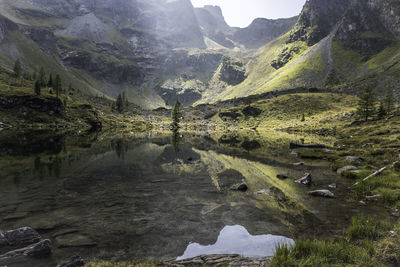 Scenic view of river amidst mountains