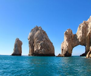 Rock formations in sea against clear blue sky